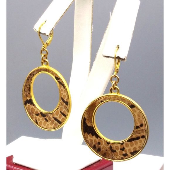Vintage Snake Skin Hoop Earrings, Gold Tone Dangles - Picture 3 of 4
